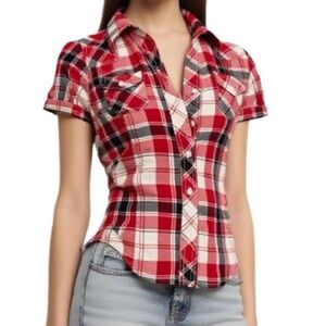 SWS Y2k Retro Red Check Plaid Button-Down Shirt with Puff Sleeve Size Medium